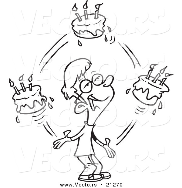 Vector of a Cartoon Birthday Boy Juggling Cakes - Coloring Page Outline