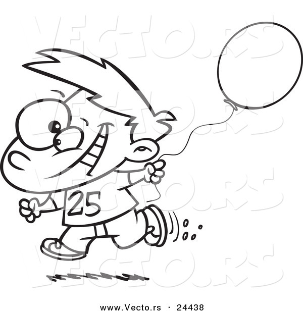 Vector of a Cartoon Birthday Boy Running with a Party Balloon - Outlined Coloring Page