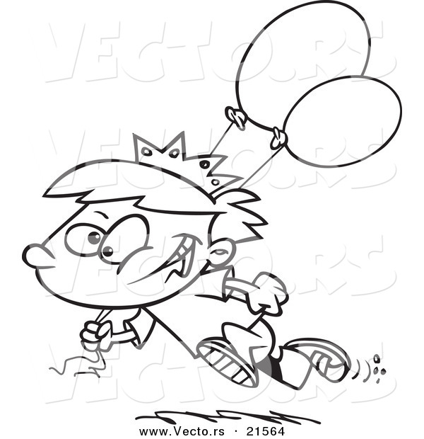 Vector of a Cartoon Birthday Boy Running with Balloons - Outlined Coloring Page
