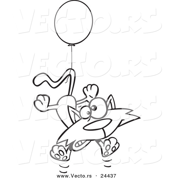 Vector of a Cartoon Birthday Cat Floating with a Party Balloon - Outlined Coloring Page