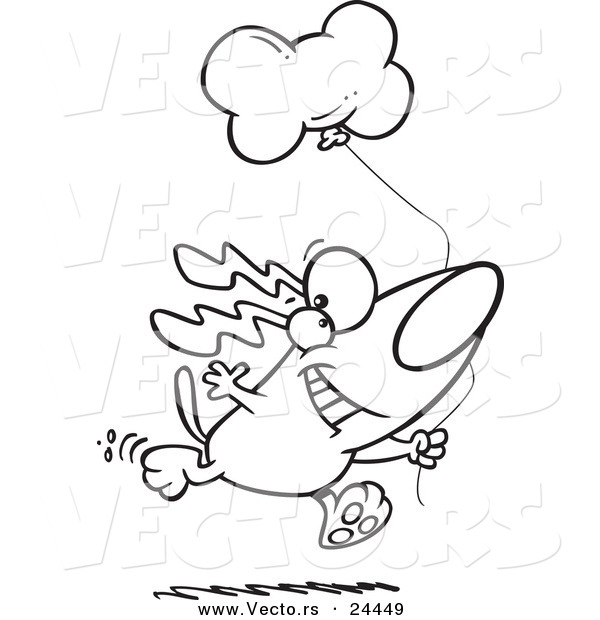 Vector of a Cartoon Birthday Dog Running with a Party Balloon - Outlined Coloring Page