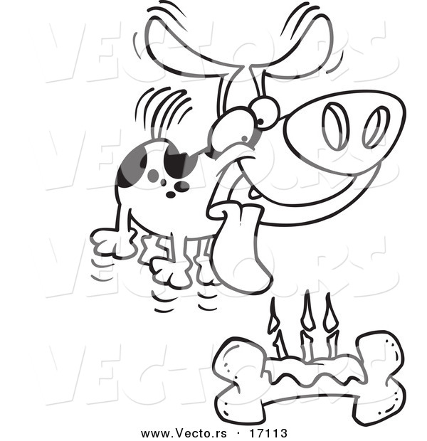 Vector of a Cartoon Birthday Dog with a Bone Cake - Coloring Page Outline