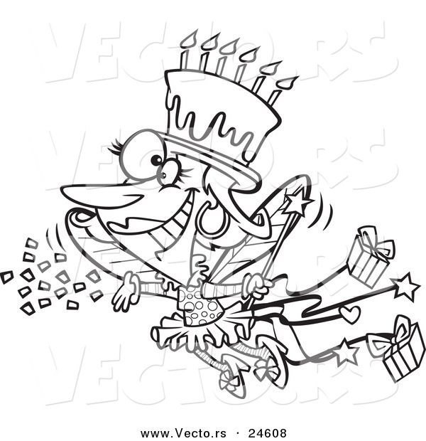 Vector of a Cartoon Birthday Fairy Woman with a Cake on Her Head - Outlined Coloring Page