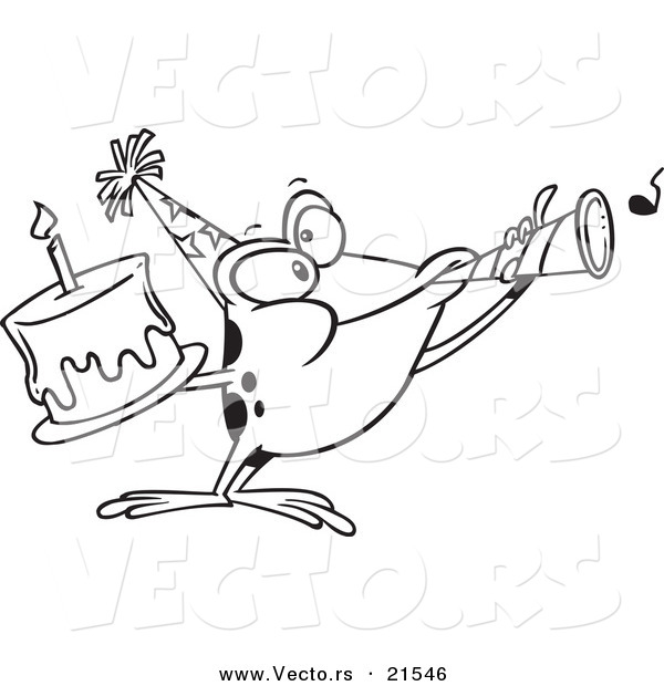 Vector of a Cartoon Birthday Frog Holding a Cake and Using a Noise Maker - Outlined Coloring Page