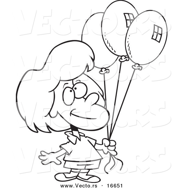 Vector of a Cartoon Birthday Girl Holding Three Balloons - Outlined Coloring Page Drawing