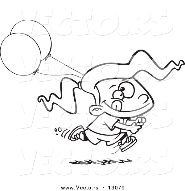 Vector of a Cartoon Birthday Girl Running with Party Balloons - Outlined Coloring Page