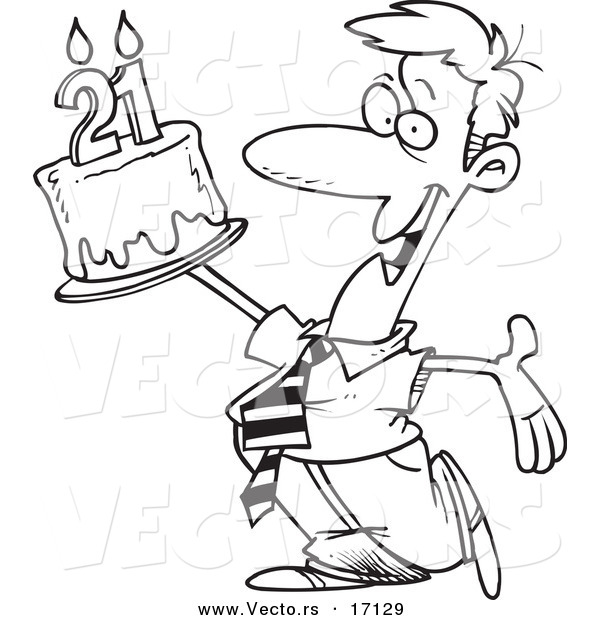 Vector of a Cartoon Birthday Man Holding up a Cake - Coloring Page Outline