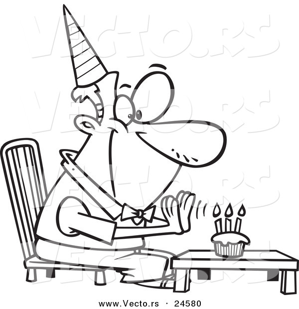 Vector of a Cartoon Birthday Man Seated Before His Cupcake - Outlined Coloring Page