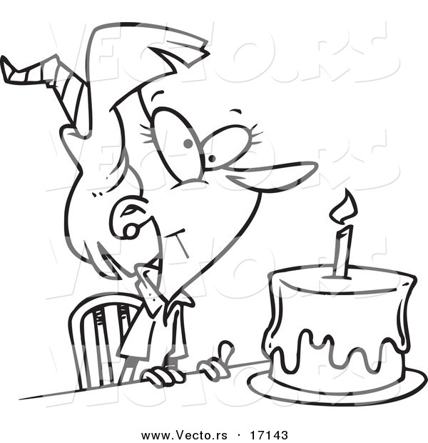 Vector of a Cartoon Birthday Woman with a Cake - Coloring Page Outline