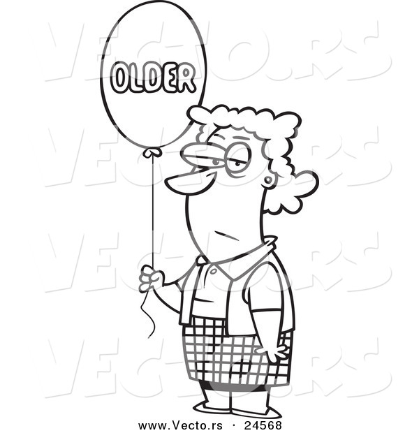 Vector of a Cartoon Birthday Woman with an Older Balloon - Outlined Coloring Page