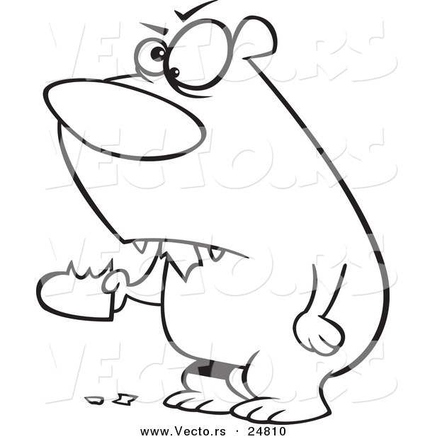 Vector of a Cartoon Black and White Outline Angry Bear Eating a Heart - Outlined Coloring Page