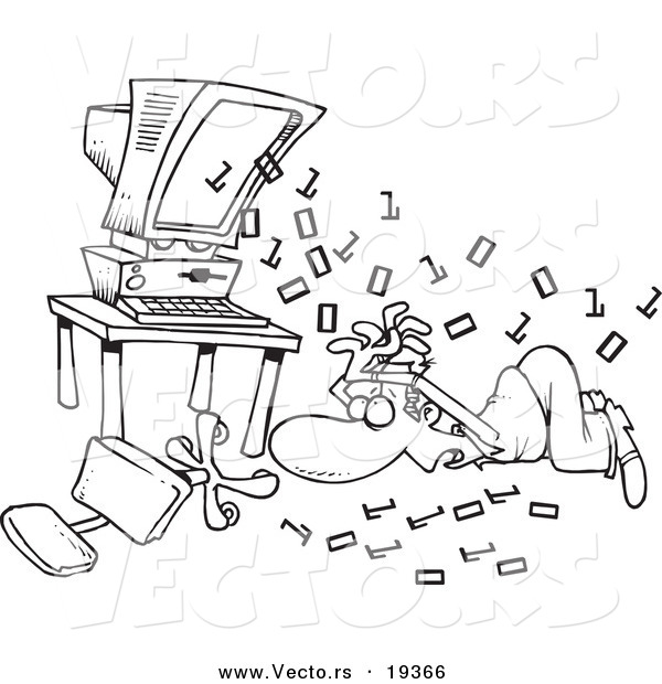 Vector of a Cartoon Black and White Outline Design of Binary Code Shooting out at a Businessman - Outlined Coloring Page