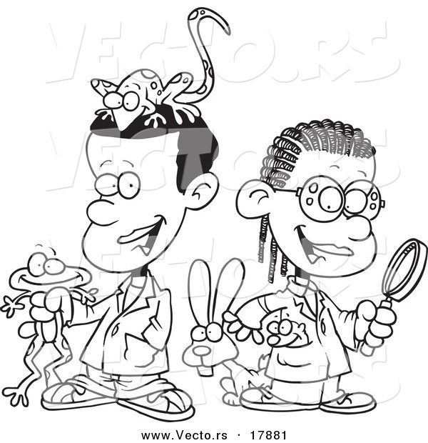 Vector of a Cartoon Black and White Outline Design of Black School Kids in a Science Lab with Animals - Outlined Coloring Page
