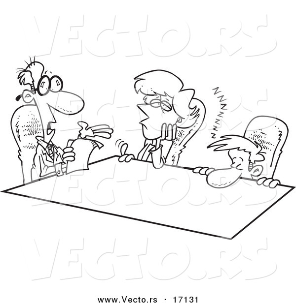 Vector of a Cartoon Black and White Outline Design of Bored Employees at a Meeting - Coloring Page Outline