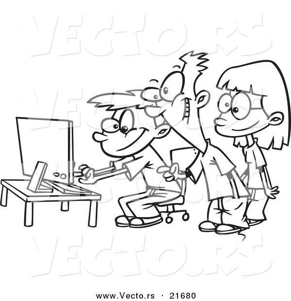 Vector of a Cartoon Black and White Outline Design of Boys and a Girl Using a Computer - Outlined Coloring Page