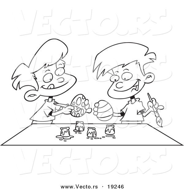 Vector of a Cartoon Black and White Outline Design of Boys Painting Easter Eggs - Outlined Coloring Page