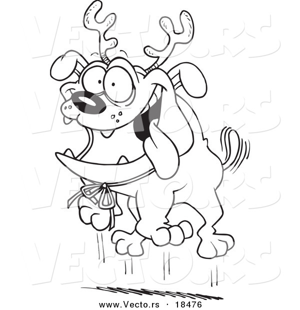 Vector of a Cartoon Black and White Outline Design of Christmas Bulldog Wearing Antlers - Outlined Coloring Page