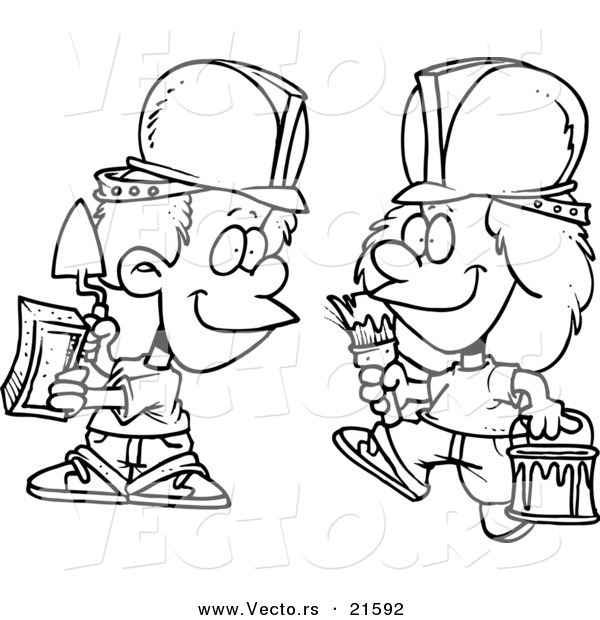 Vector of a Cartoon Black and White Outline Design of Construction Kids - Outlined Coloring Page