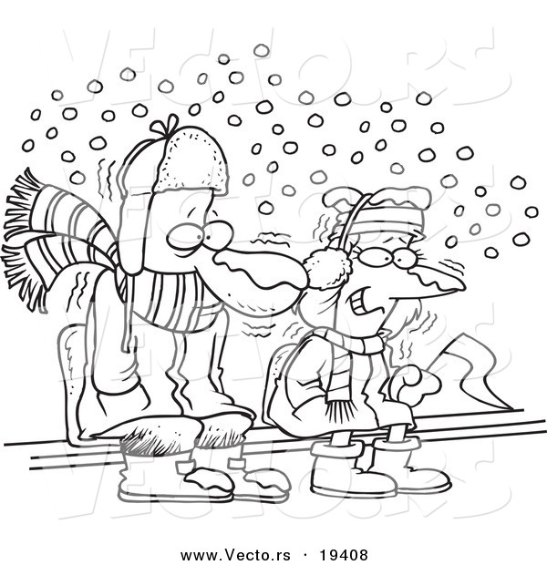 Vector of a Cartoon Black and White Outline Design of Diehard Fans Sitting in the Snow - Outlined Coloring Page