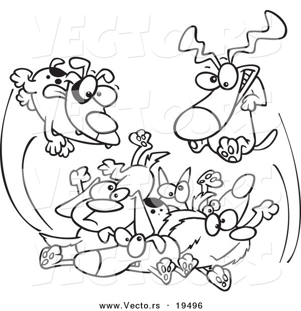 Vector of a Cartoon Black and White Outline Design of Dogs Jumping in a Pile - Outlined Coloring Page