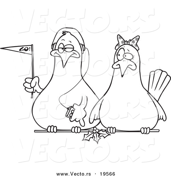 Vector of a Cartoon Black and White Outline Design of Dove Fans - Outlined Coloring Page
