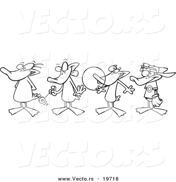 Vector of a Cartoon Black and White Outline Design of Ducks in a Row - Outlined Coloring Page