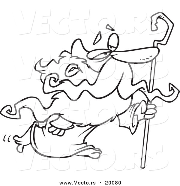 Vector of a Cartoon Black and White Outline Design of Father Time with a Cane - Outlined Coloring Page