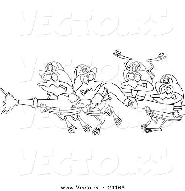 Vector of a Cartoon Black and White Outline Design of Fire Frogs Holding a Hose - Outlined Coloring Page