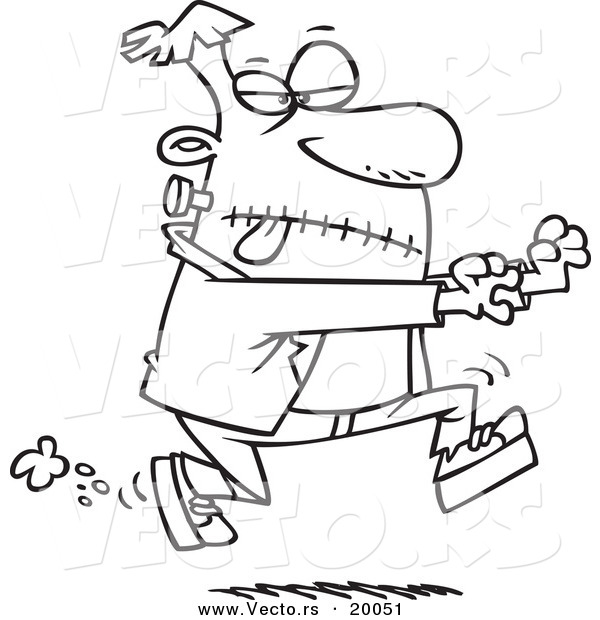 Vector of a Cartoon Black and White Outline Design of Frankenstein Chasing - Outlined Coloring Page