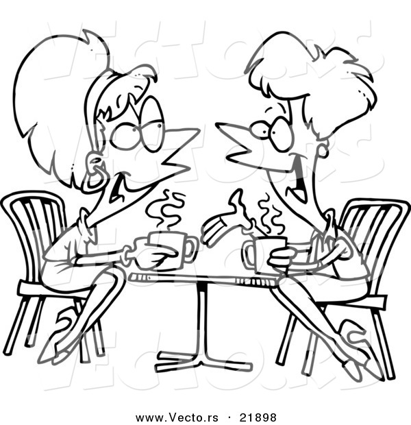 Vector of a Cartoon Black and White Outline Design of Friends Talking over Coffee - Outlined Coloring Page