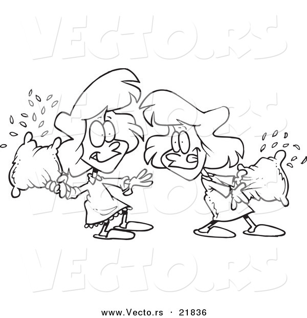 Vector of a Cartoon Black and White Outline Design of Girls Having a Pillow Fight - Outlined Coloring Page