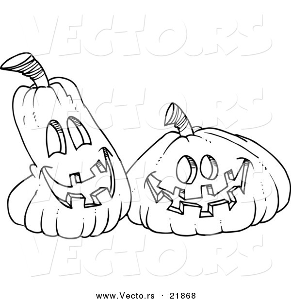 Vector of a Cartoon Black and White Outline Design of Happy Jackolanterns - Outlined Coloring Page