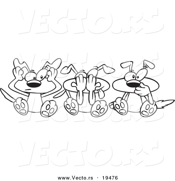 Vector of a Cartoon Black and White Outline Design of Hear No See No and Speak No Evil Dogs - Outlined Coloring Page