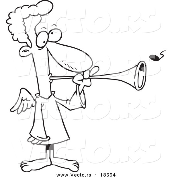 Vector of a Cartoon Black and White Outline Design of Herald the Angel Blowing a Horn - Outlined Coloring Page
