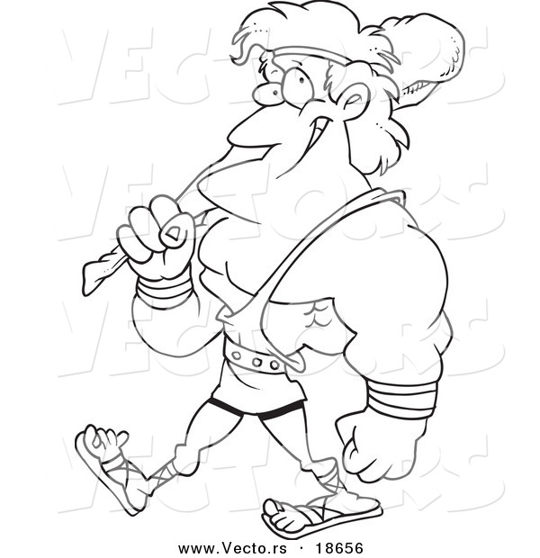 Vector of a Cartoon Black and White Outline Design of Hercules Carrying a Club - Outlined Coloring Page