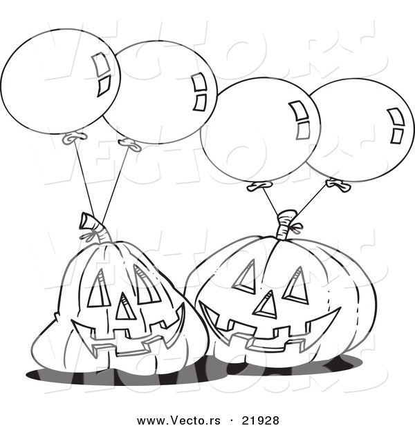 Vector of a Cartoon Black and White Outline Design of Jackolanterns and Party Balloons - Outlined Coloring Page
