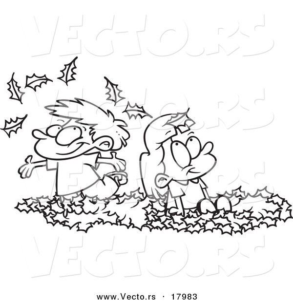 Vector of a Cartoon Black and White Outline Design of Kids Playing in Leaves - Outlined Coloring Page