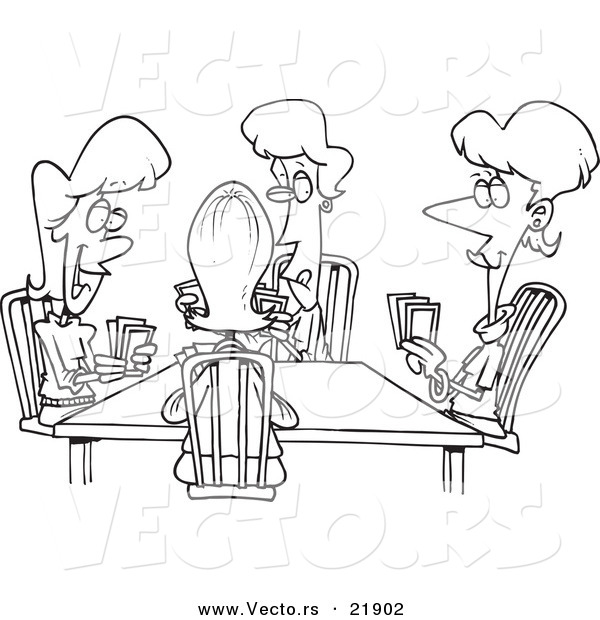 Vector of a Cartoon Black and White Outline Design of Ladies Playing Cards - Outlined Coloring Page