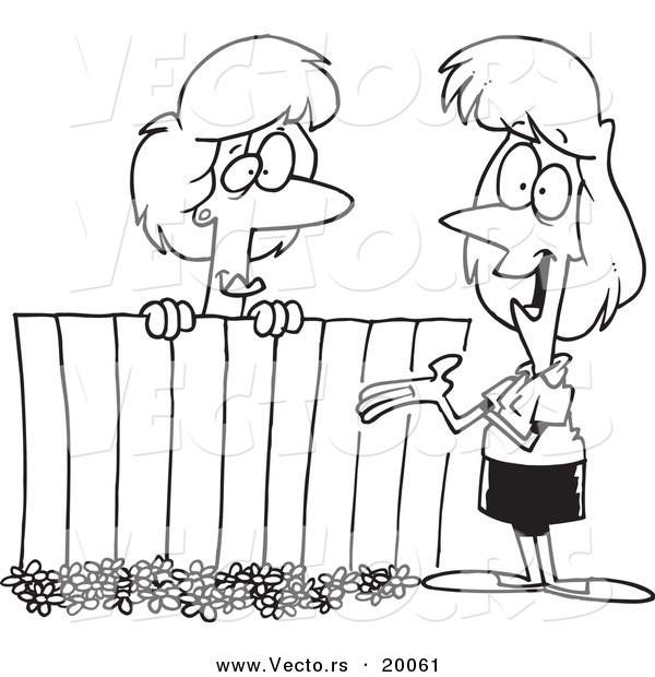 Vector of a Cartoon Black and White Outline Design of Lady Neighbors Chatting over a Fence - Outlined Coloring Page