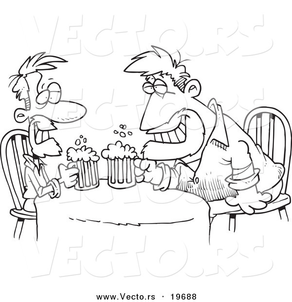 Vector of a Cartoon Black and White Outline Design of Men Having a Drink - Outlined Coloring Page