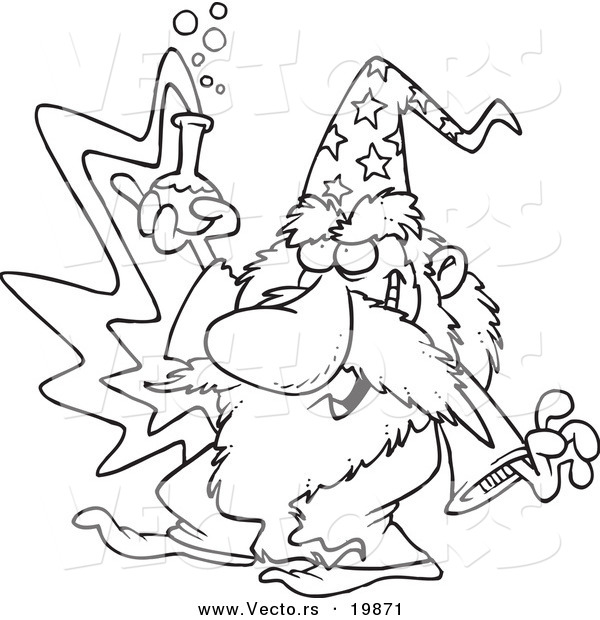 Vector of a Cartoon Black and White Outline Design of Merlin Holding a Beaker - Outlined Coloring Page