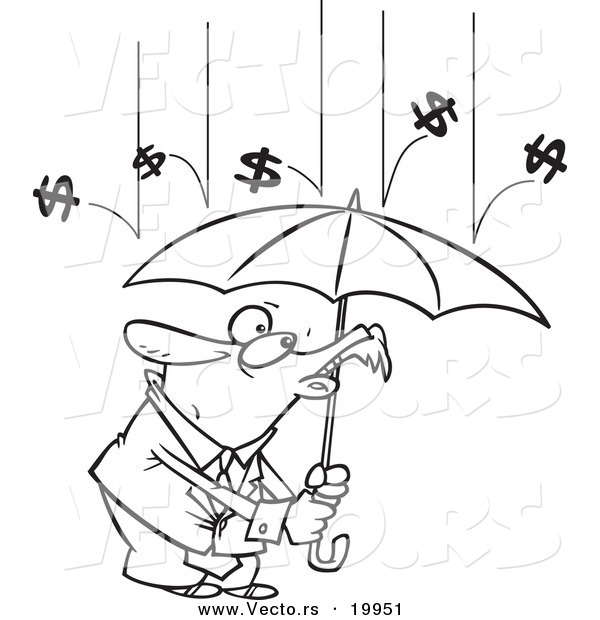 Vector of a Cartoon Black and White Outline Design of Money Raining down on a Businessman - Outlined Coloring Page