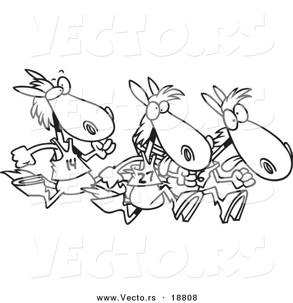 Vector of a Cartoon Black and White Outline Design of Racing Horses - Outlined Coloring Page