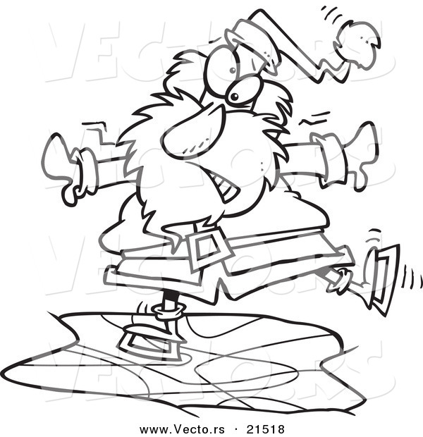 Vector of a Cartoon Black and White Outline Design of Santa Ice Skating - Outlined Coloring Page