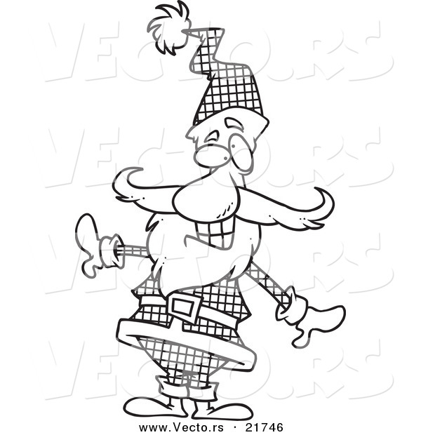 Vector of a Cartoon Black and White Outline Design of Santa in a Plaid Suit - Outlined Coloring Page