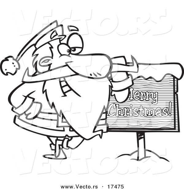 Vector of a Cartoon Black and White Outline Design of Santa Leaning Against a Merry Christmas Sign - Coloring Page Outline