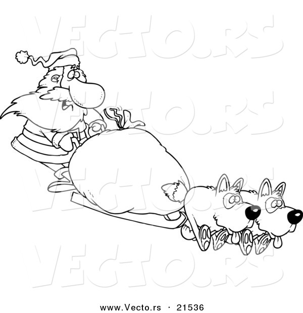 Vector of a Cartoon Black and White Outline Design of Santa Mushing - Outlined Coloring Page