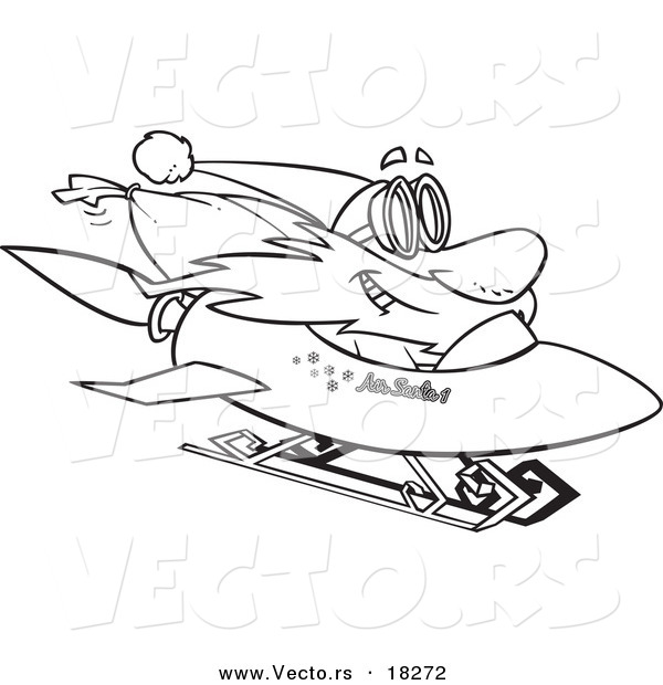 Vector of a Cartoon Black and White Outline Design of Santa on a Rocket Sled - Outlined Coloring Page