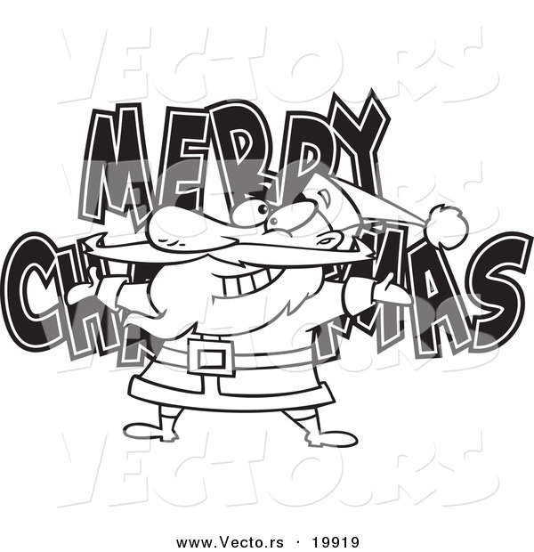 Vector of a Cartoon Black and White Outline Design of Santa over MERRY CHRISTMAS - Outlined Coloring Page