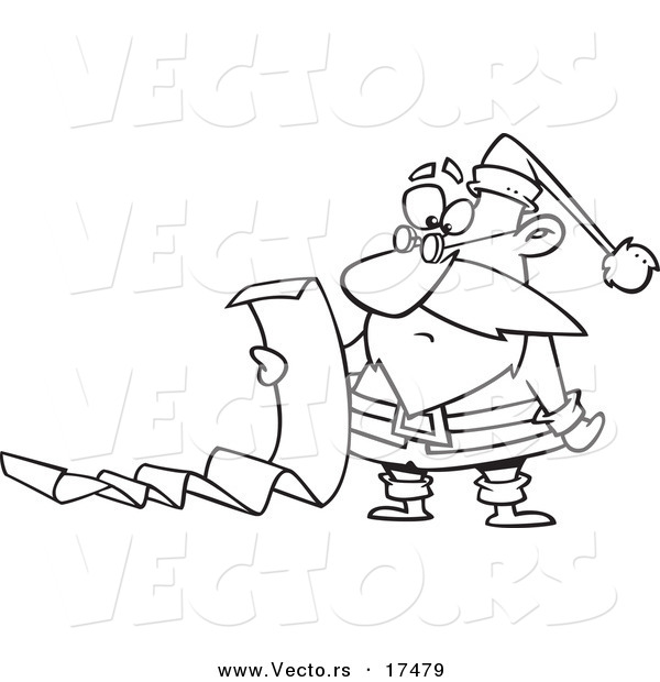 Vector of a Cartoon Black and White Outline Design of Santa Reading a Long List - Coloring Page Outline